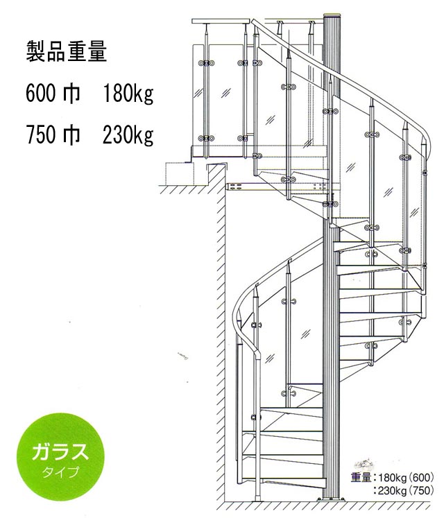 屋外 屋内アルミらせん階段 ｋｄスパイラル ガラスタイプ 段板巾600 送料込み