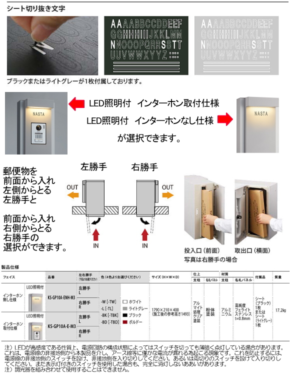 ナスタ 戸建用 宅配ボックス付きポスト門柱ユニット インターホン無し仕様 Led照明付